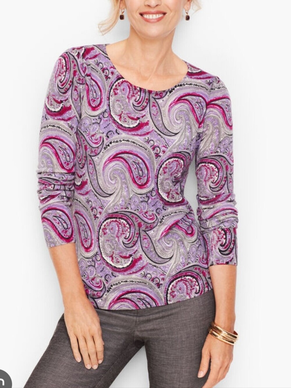Talbots Gathered Shoulder Merino Wool Sweater 2X Purple Paisley Print